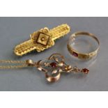 A Victorian 15ct. gold Etruscan style hollow-work bar brooch with small locket to reverse, Chester