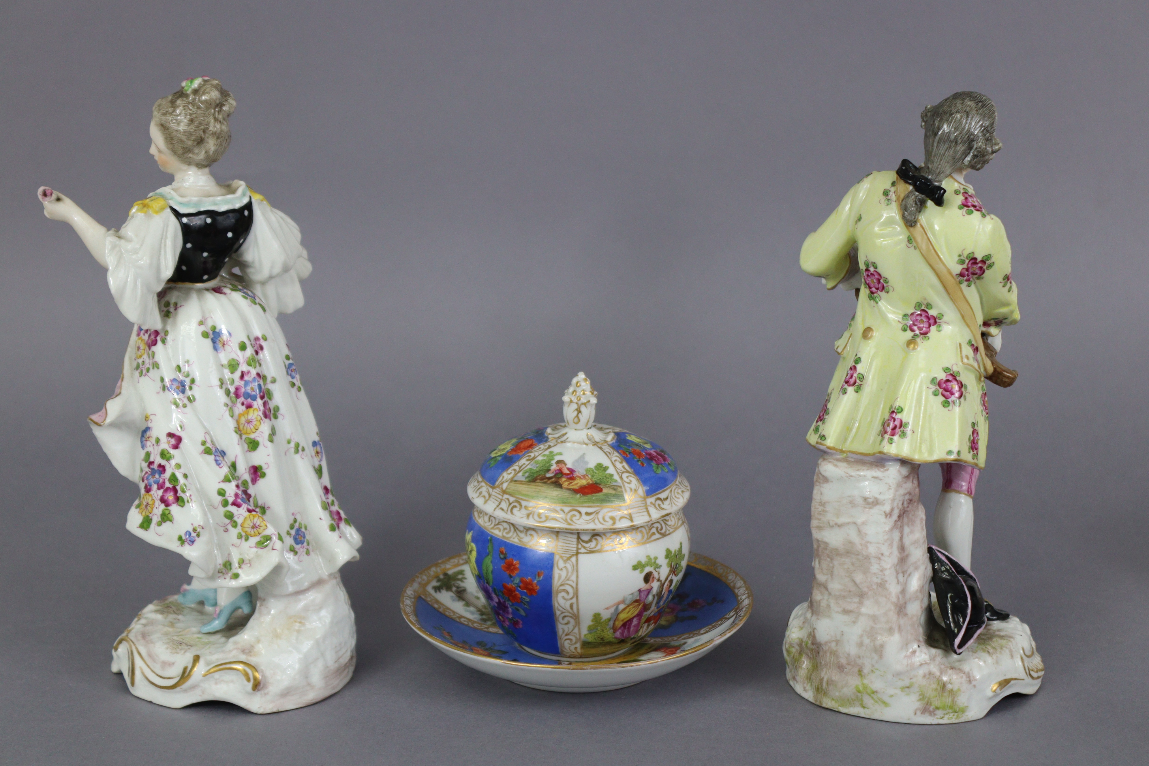 A pair of Dresden porcelain male & female costume figures in the 18th century style, 8¾” (minor - Image 2 of 5