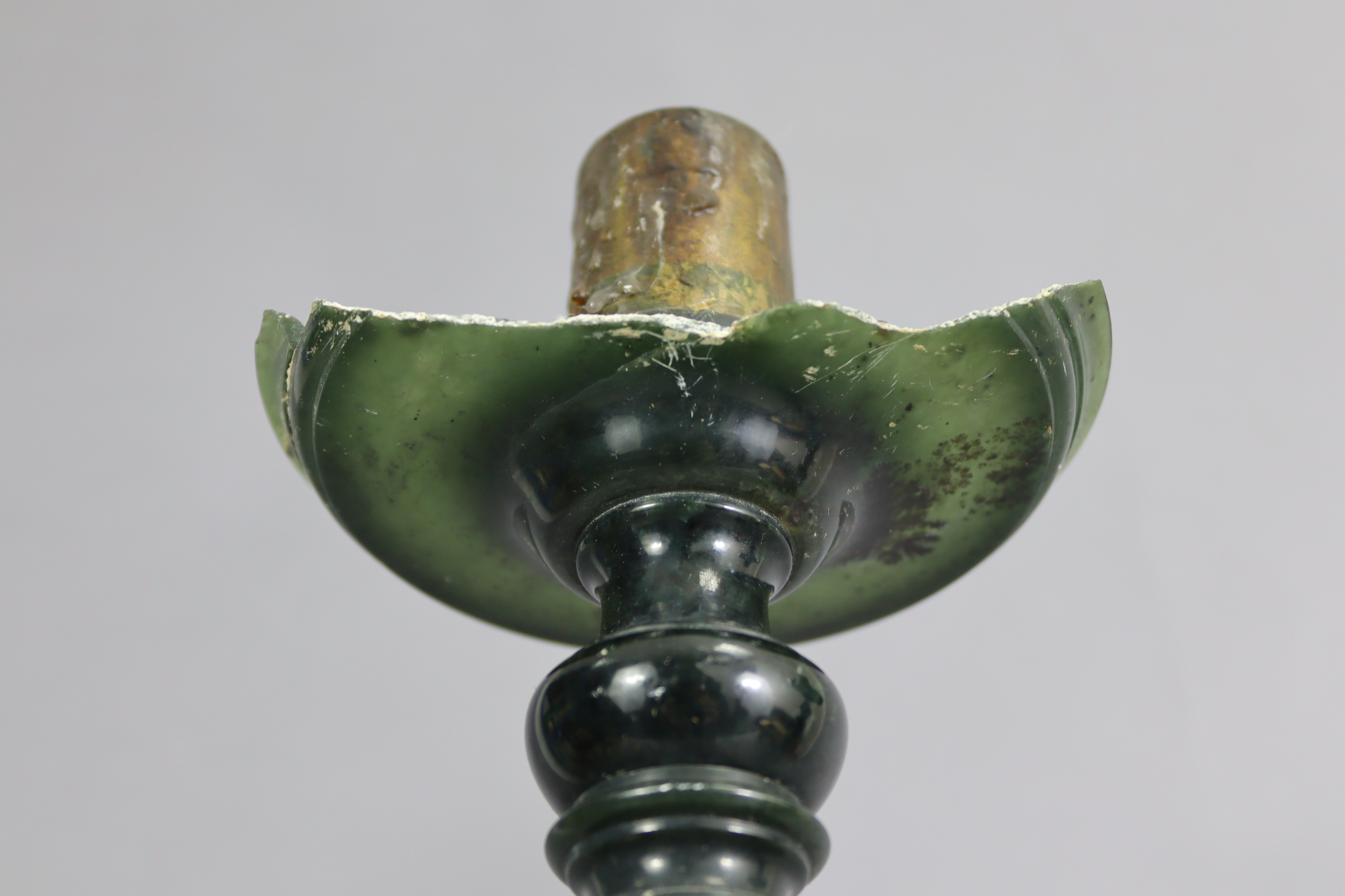 A pair of dark green soapstone altar candlesticks, the colouration resembling spinach-green jade, - Image 6 of 6