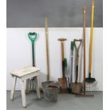 A white painted pine stool; together with a galvanised-metal bucket; various tools; three table