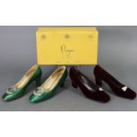A PAIR OF ROGER VIVIER BURGUNDY VELVET LADIES’ SHOES; & a pair of Rayne green silk ditto, (both size