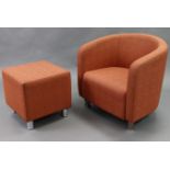 A tub-shaped easy chair upholstered crimson material & on short silvered-metal legs; & a ditto