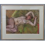 KEN SYMONDS (b. 1927) A large pastel study titled to reverse “Nude on Green”, signed, 21” x 28¾”;