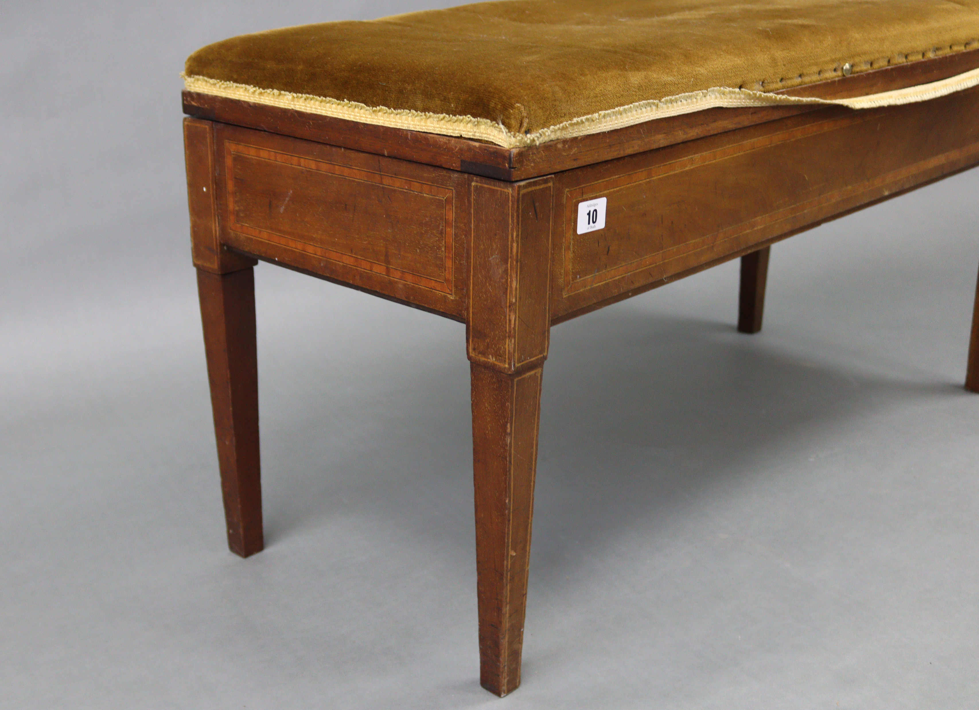 An Edwardian inlaid mahogany “duet” piano stool with padded hinged seat, & on four square tapered - Image 2 of 3