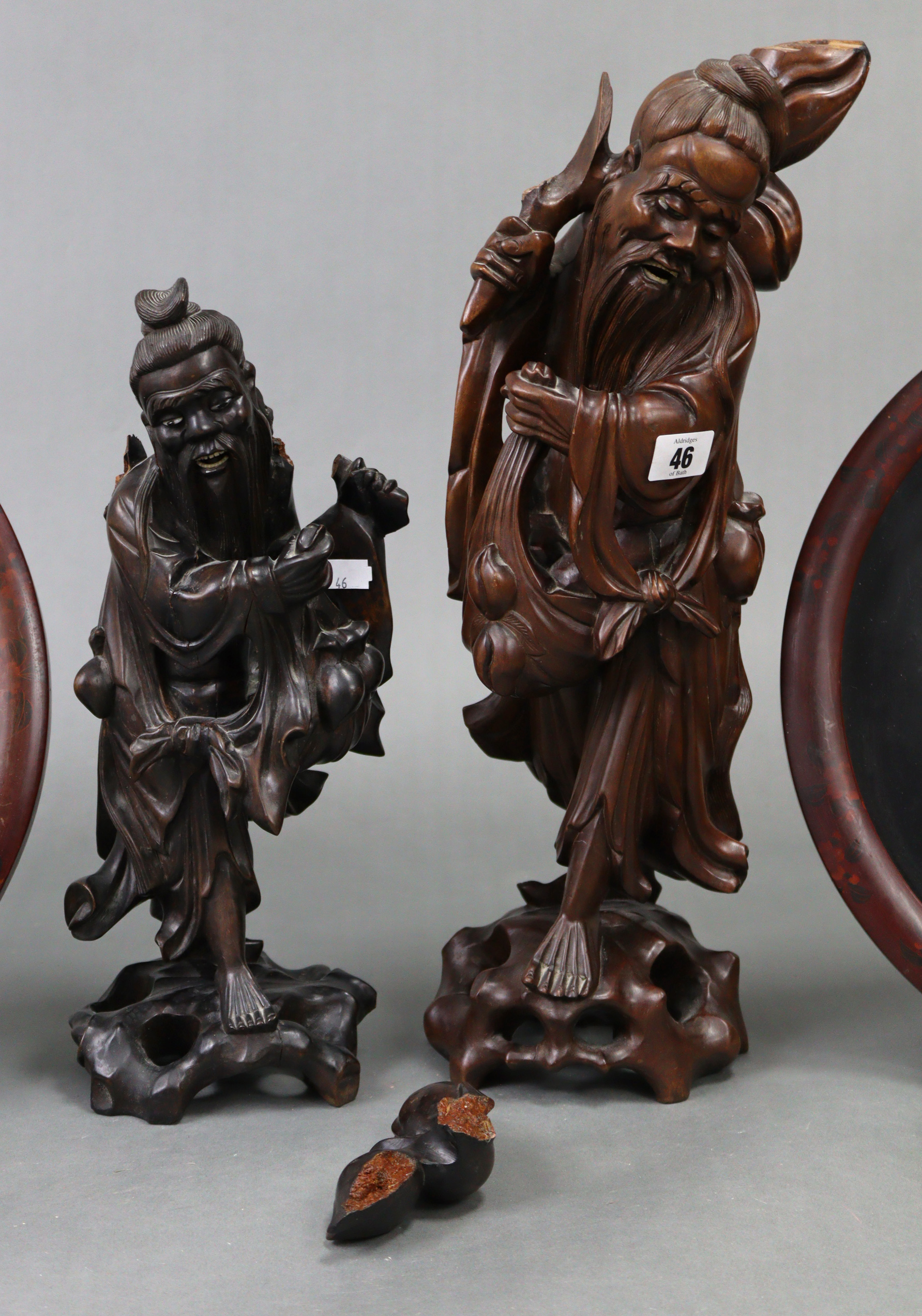 Two carved wooden sage ornaments, 19” & 15” high; w.a.f.; two carved soapstone spill vases; & a pair - Image 4 of 5