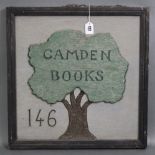 A painted wooden double-sided sign “CAMDEN BOOKS 146”, 21¾” square.