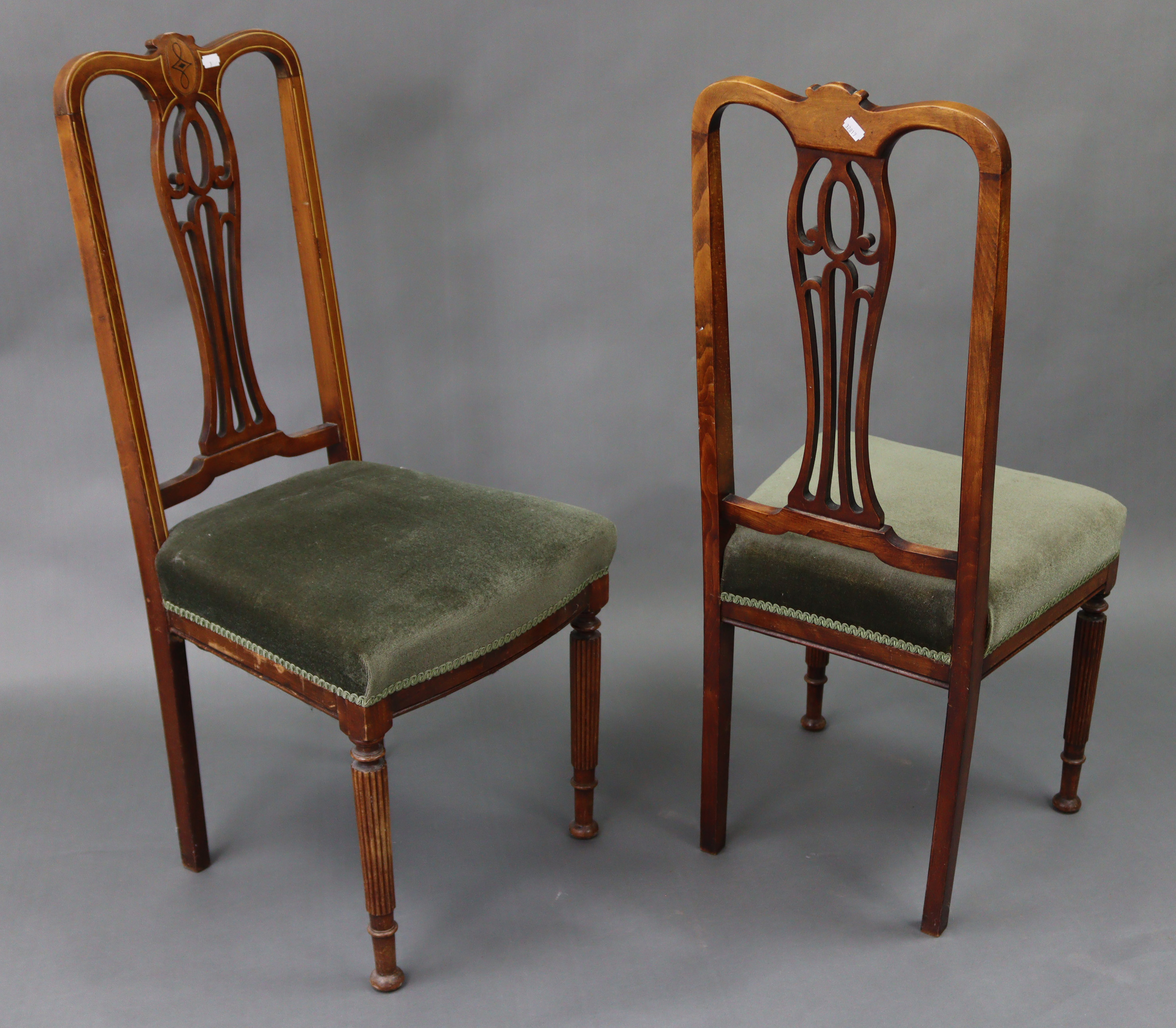 A pair of late 19th/early 20th century inlaid-mahogany splat-back occasional chairs with padded - Image 3 of 3