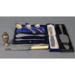 A stainless-steel shoehorn & buttonhook, each with silver handle (hallmarks rubbed), cased; a