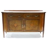 An Edwardian inlaid mahogany bow-front sideboard, fitted two frieze drawers with brass