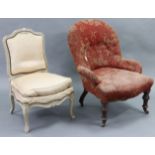 A Victorian buttoned-back easy chair, on short turned legs with ceramic castors; & a continental-