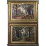 A pair of large oil paintings – woodland scenes, signed indistinctly, 15½” x 23”, in glazed gilt