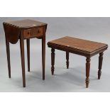 A mahogany drop-leaf bedside table fitted frieze drawer & on square tapered legs, 30” wide; & a