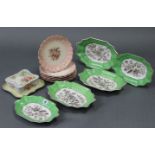 A set of three Spode rectangular serving dishes, with green borders & sepia printed floral