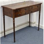 A reproduction inlaid burr-walnut side table fitted two ranks of two long drawers, & on fluted &