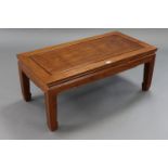 A Chinese-style hardwood rectangular low coffee table, on four short square tapered legs, 36” wide x