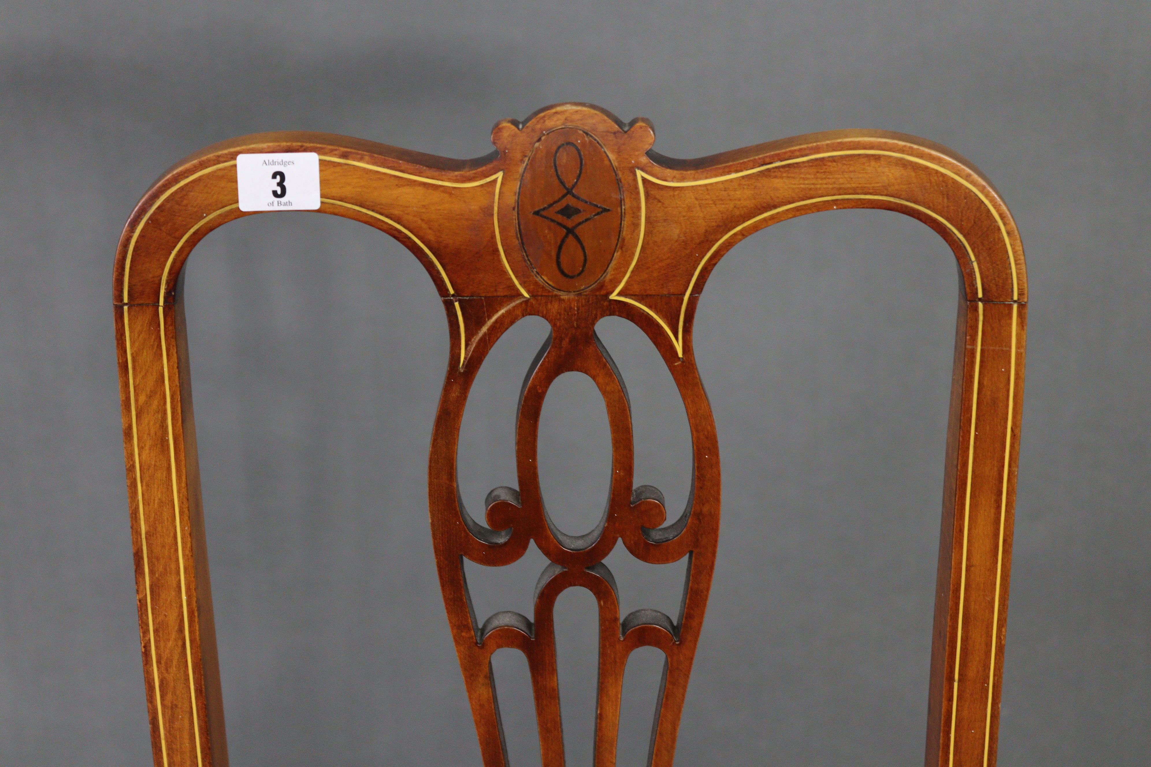 A pair of late 19th/early 20th century inlaid-mahogany splat-back occasional chairs with padded - Image 2 of 3