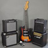 A six string electric guitar; together with four practice amplifiers.