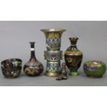 Five items of Chinese cloisonné ware comprising an 8” baluster vase, a 7¼” bottle vase, a 4¾”