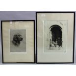 A black & white etching of a room interior signed S. Tushingham, 15½” x 11¼”; & another of a dog