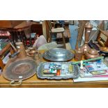 A silver-plated oval entrée dish; a copper oval tea tray; various other items of metalware, etc.