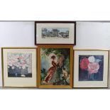 Two embroidered pictures; two rectangular wall mirrors; & various decorative pictures.