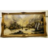 K Hammond - a 19thC harbour scene with moored vessels and a lone figure in a rowing boat oil on