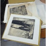 A folio collection of miscellaneous prints, engravings, etchings and monochrome photographs,