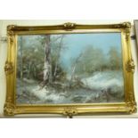 20thC British School - a woodland scene in winter oil on canvas 23'' x 36'' framed LSF