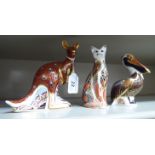Three Royal Crown Derby china paperweight, viz. a kangaroo, a pelican and a cat 5.5'' - 6.