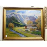 S Mecer - an Alpine landscape with a chalet and river in the foreground oil on canvas bears a