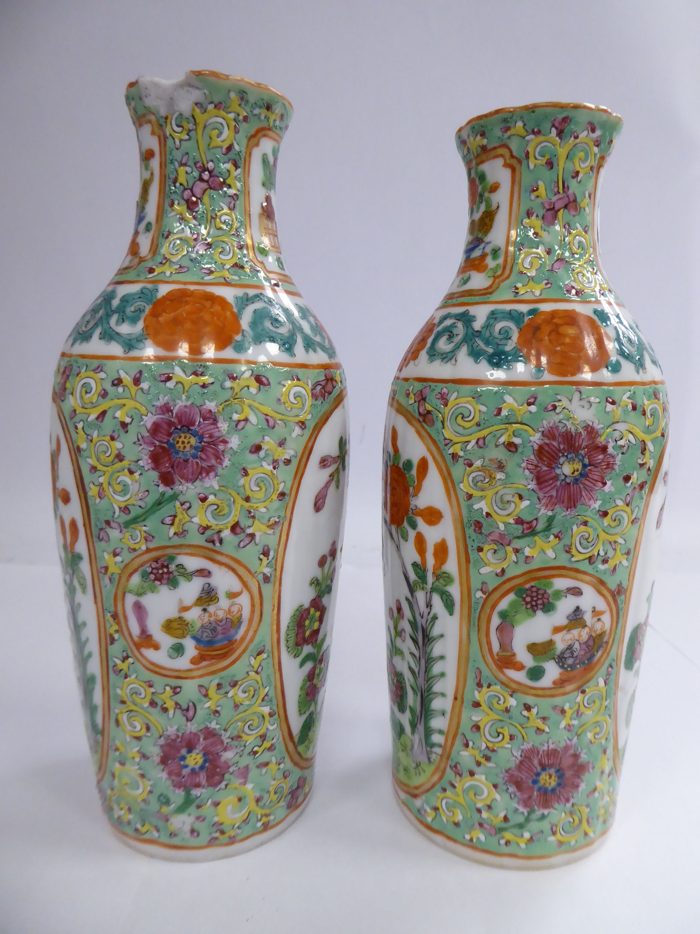 A pair of late 19thC Chinese porcelain vases of oval slender form, - Image 2 of 7