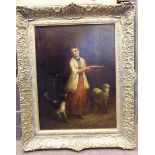 He**p - an interior scene with a young woman feeding a lamb and a dog oil on canvas bears a