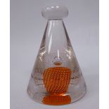 A Whitefriars glass paperweight of conical design with a knopped top,