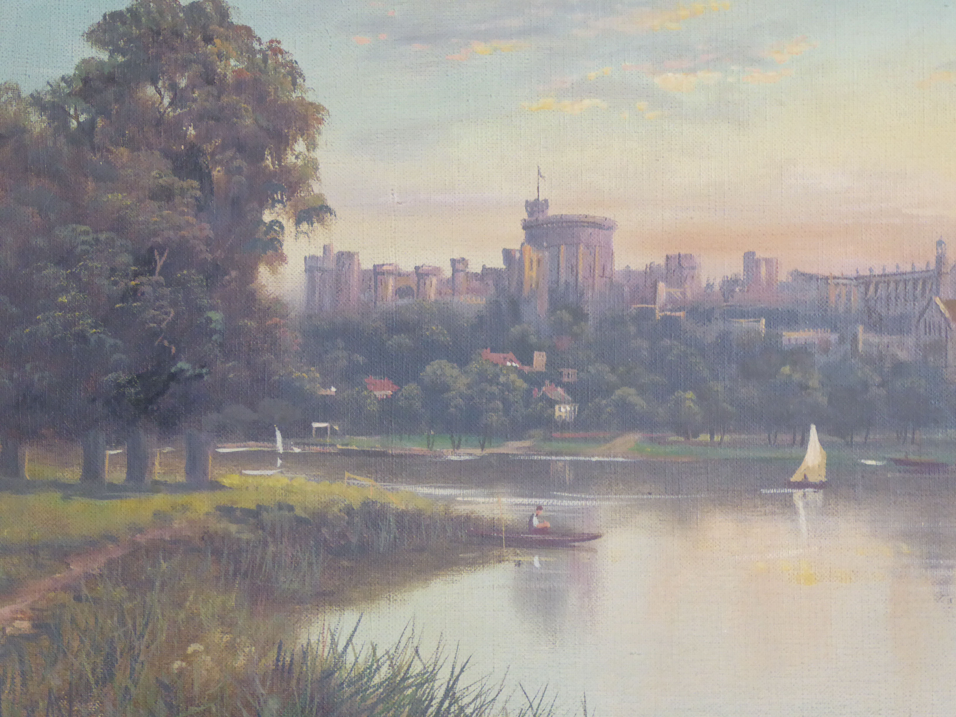 J Lewis - an early evening view of Windsor Castle from the River Thames oil on canvas bears a - Image 2 of 4