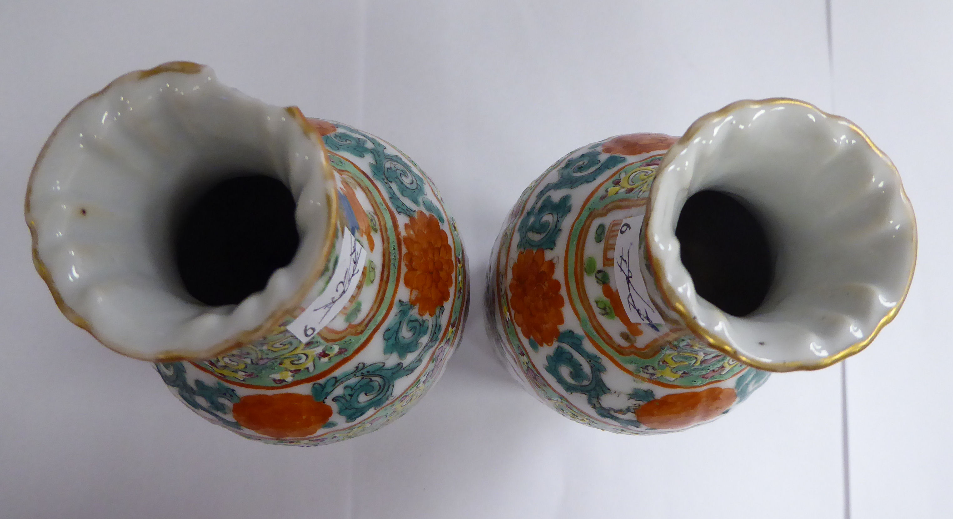 A pair of late 19thC Chinese porcelain vases of oval slender form, - Image 5 of 7