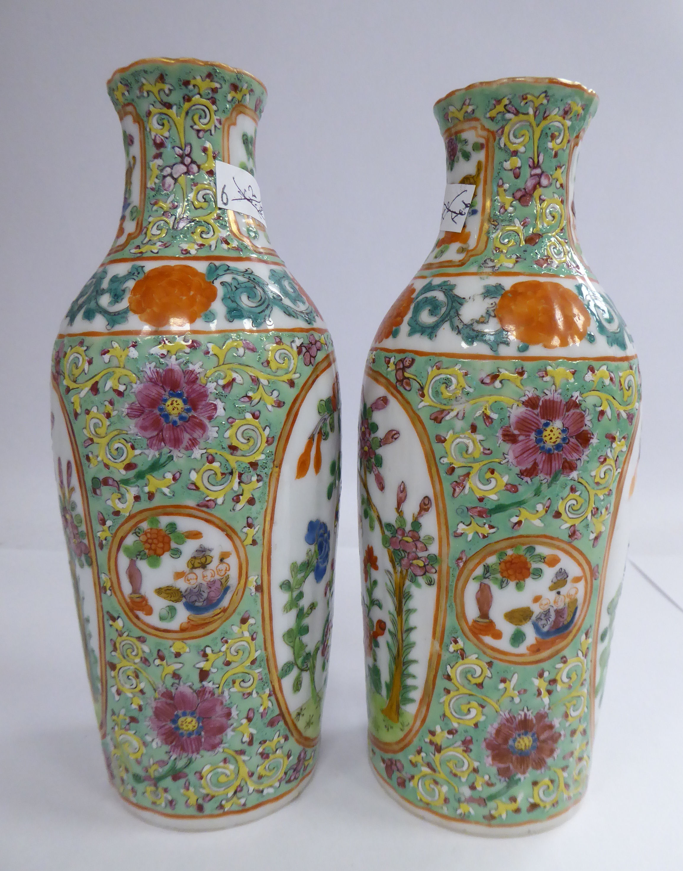 A pair of late 19thC Chinese porcelain vases of oval slender form, - Image 4 of 7