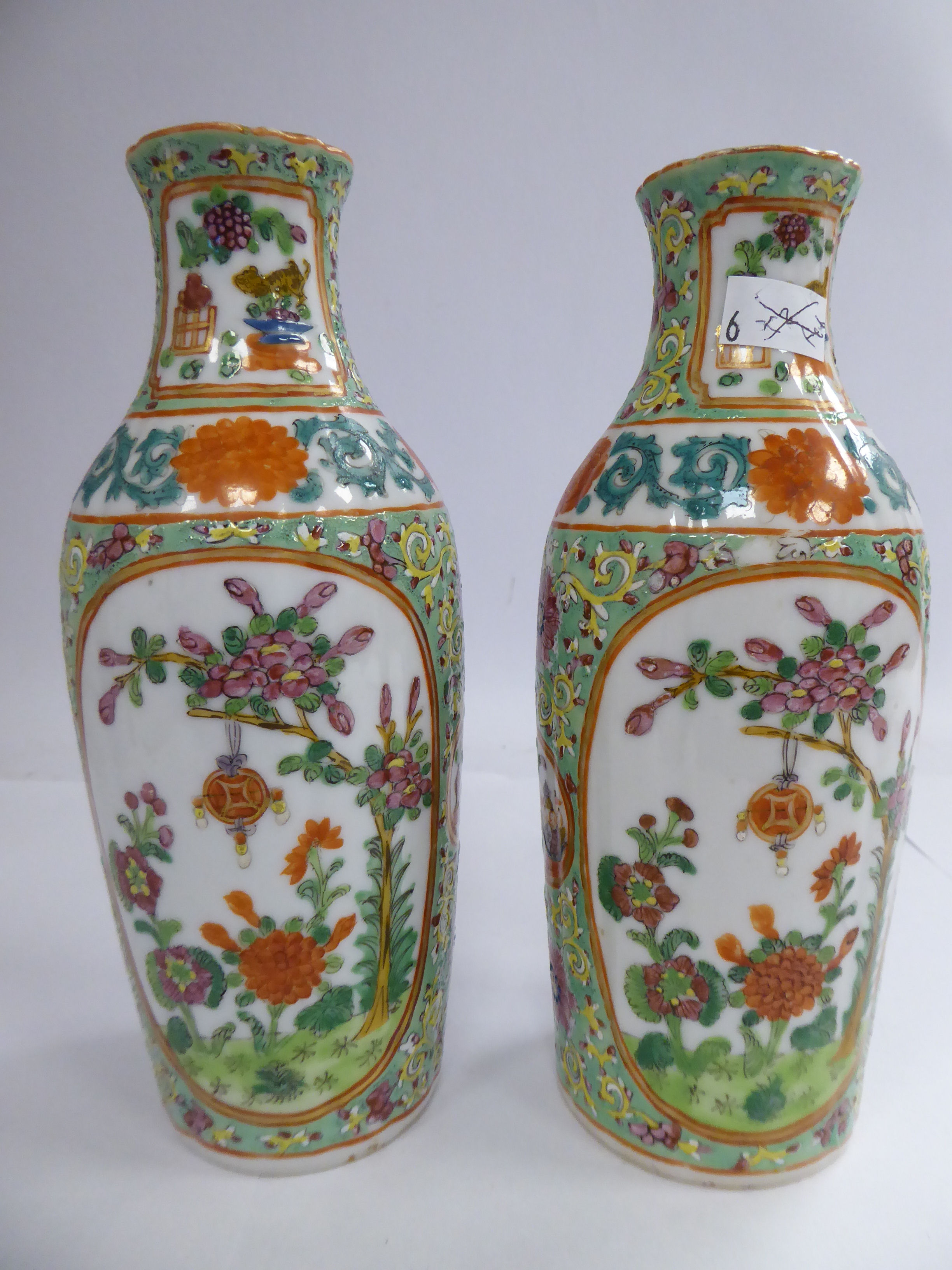 A pair of late 19thC Chinese porcelain vases of oval slender form, - Image 3 of 7