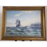 Early 20thC British Maritime School - an offshore scene with a tall ship under sail in the