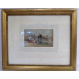 Fredrics J Shield - a coastal scene with two women and a child on a path by cottages watercolour