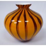 A Whitefriars opaque old gold and orange coloured, striped glass vase of shouldered.