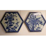 A pair of mid 18thC Chinese porcelain hexagonal tiles,