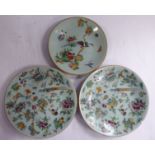 Three similar late 19thC Canton porcelain plates, decorated with birds,