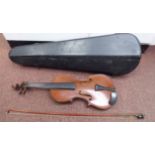 A 1920s French Compagnon violin with an inlaid, purfled edge, the two-part back 14''L and a bow,