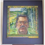 Hugh de Wet - 'Self Portrait in a garden' mixed media on board bears a signature & dated 1990