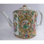 A late 19thC Canton porcelain teapot of cylindrical form, having a twig handle,