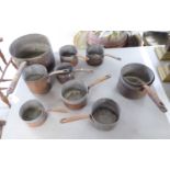 Ten similar 19thC copper iron saucepans with straight sides and rivetted iron handles BSR