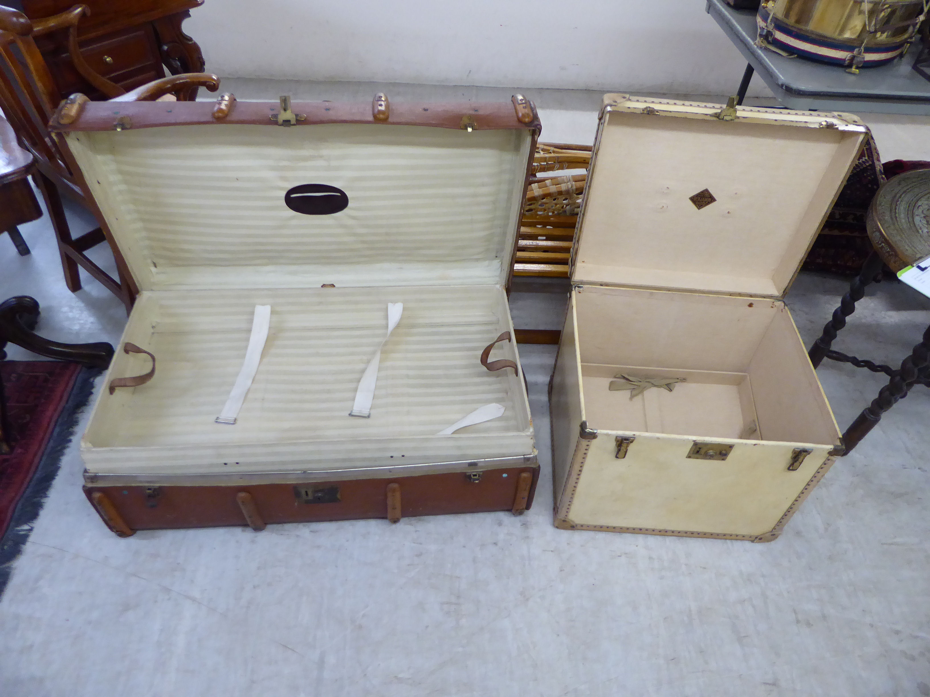 Two 'vintage' hide and cover bound cabin trunks 18''h 20''w & 13''h 36''w BSR - Image 2 of 2