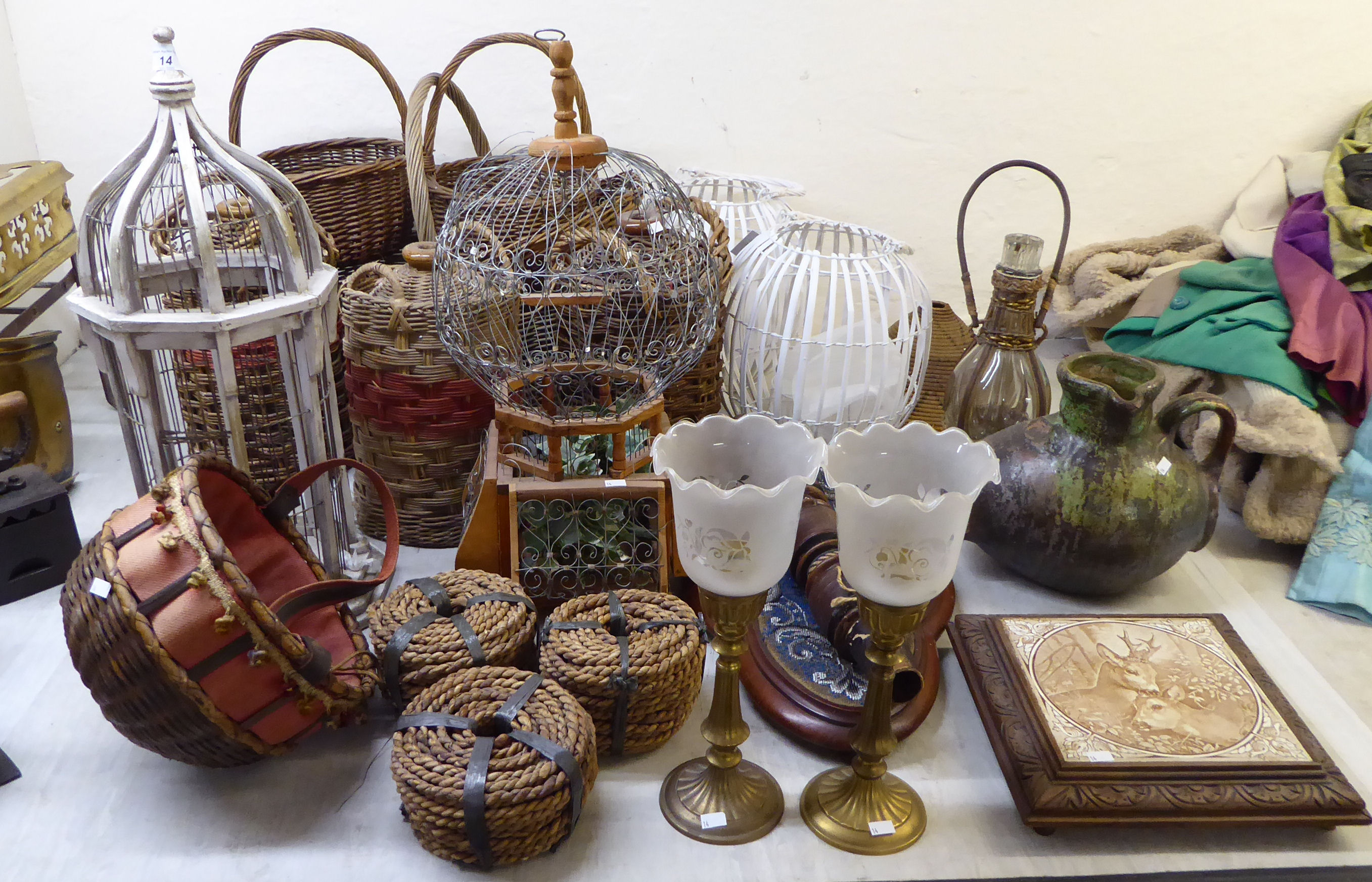 Interior design items: to include wicker baskets and painted wooden and wire bound birdcages