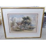 Late 19thC British School - a woman with a child by a cottage watercolour 8'' x 13'' framed