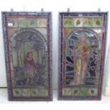 Two similar early/mid 20thC lead glazed panels 'Spring' and 'Summer' 16'' x 34'' BSR